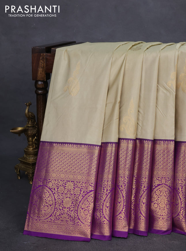 Bangalori silk saree pista green and violet with zari woven buttas and long zari woven border