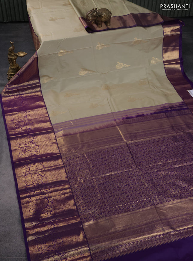 Bangalori silk saree pista green and violet with zari woven buttas and long zari woven border
