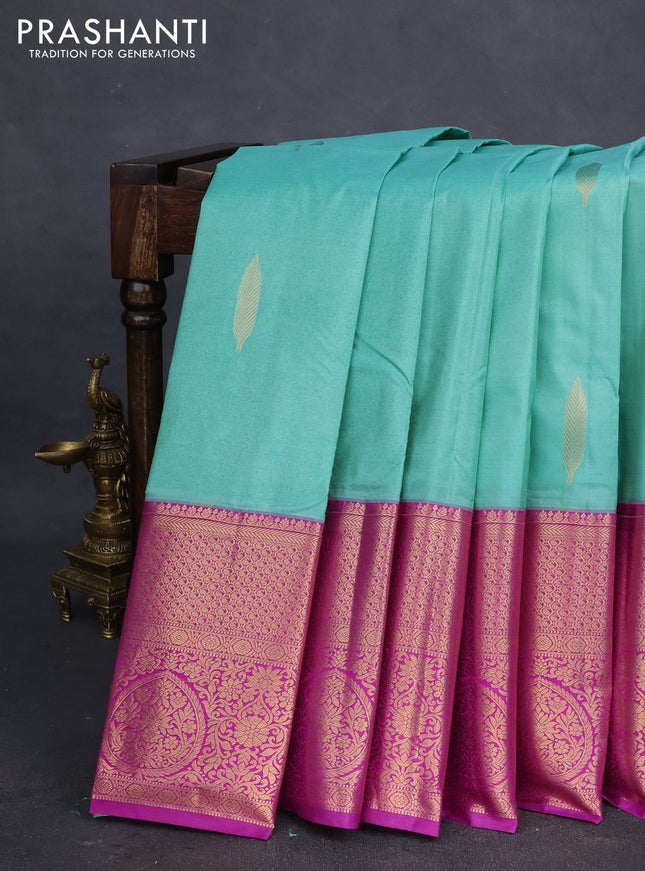 Bangalori silk saree teal and violet with zari woven buttas and long zari woven border