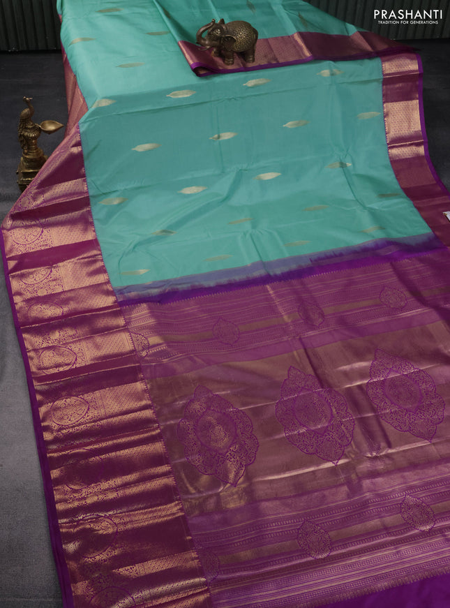 Bangalori silk saree teal and violet with zari woven buttas and long zari woven border
