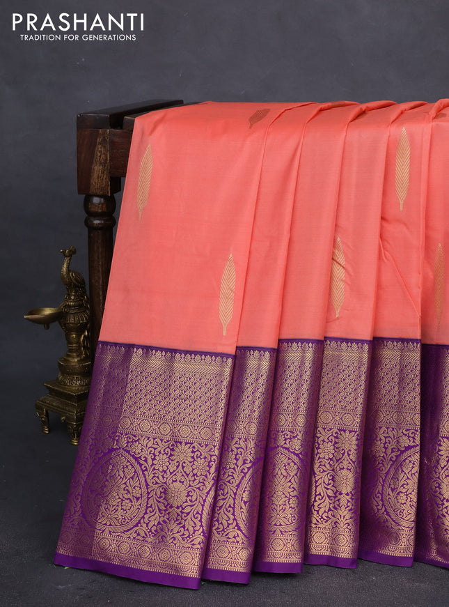 Bangalori silk saree peach orange and deep purple with zari woven buttas and long zari woven border
