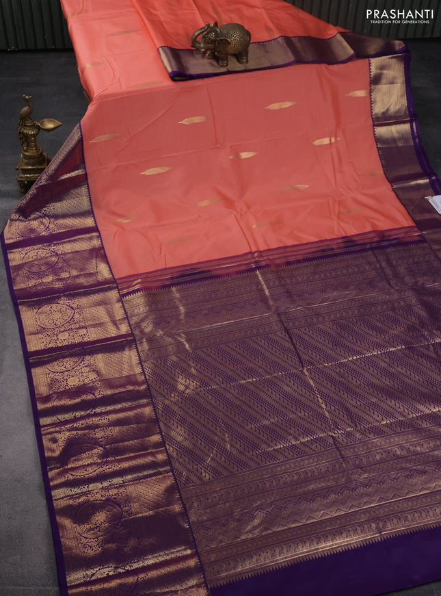 Bangalori silk saree peach orange and deep purple with zari woven buttas and long zari woven border