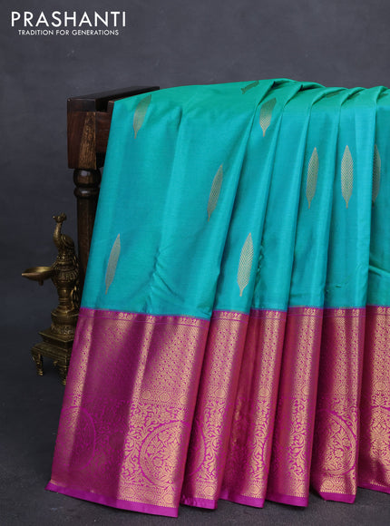 Bangalori silk saree teal green and purple with zari woven buttas and long zari woven border