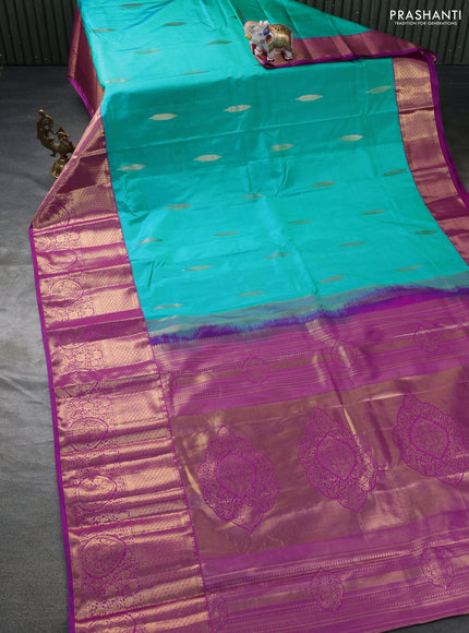 Bangalori silk saree teal green and purple with zari woven buttas and long zari woven border