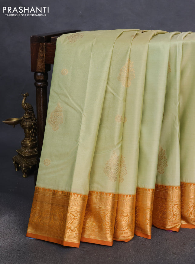 Bangalori silk saree pista green and dark mustard with zari woven buttas and zari woven border