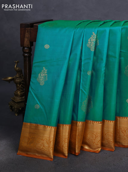 Bangalori silk saree teal blue and dark mustard with zari woven buttas and zari woven border