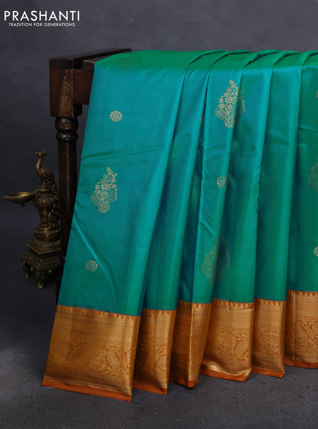 Bangalori silk saree teal blue and dark mustard with zari woven buttas and zari woven border