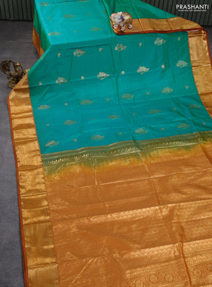 Bangalori silk saree teal blue and dark mustard with zari woven buttas and zari woven border
