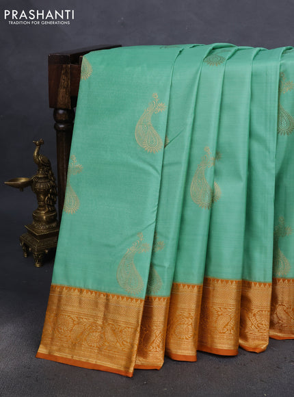 Bangalori silk saree pastel green and dark mustard with zari woven buttas and zari woven border