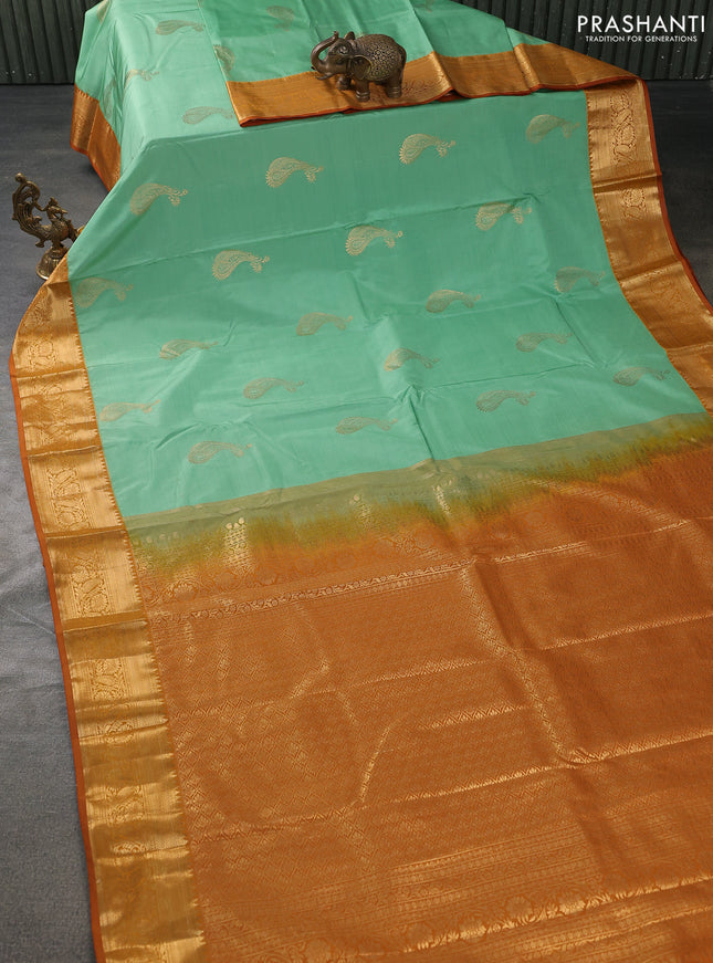 Bangalori silk saree pastel green and dark mustard with zari woven buttas and zari woven border