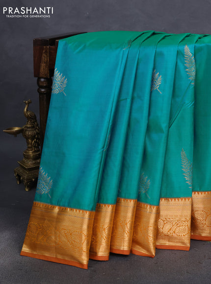 Bangalori silk saree teal blue and dark mustard with zari woven buttas and zari woven border