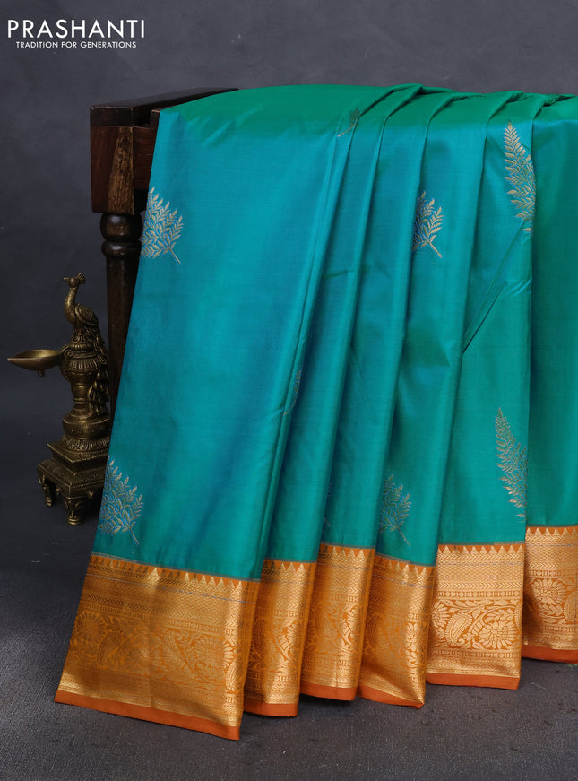 Bangalori silk saree teal blue and dark mustard with zari woven buttas and zari woven border