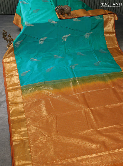 Bangalori silk saree teal blue and dark mustard with zari woven buttas and zari woven border