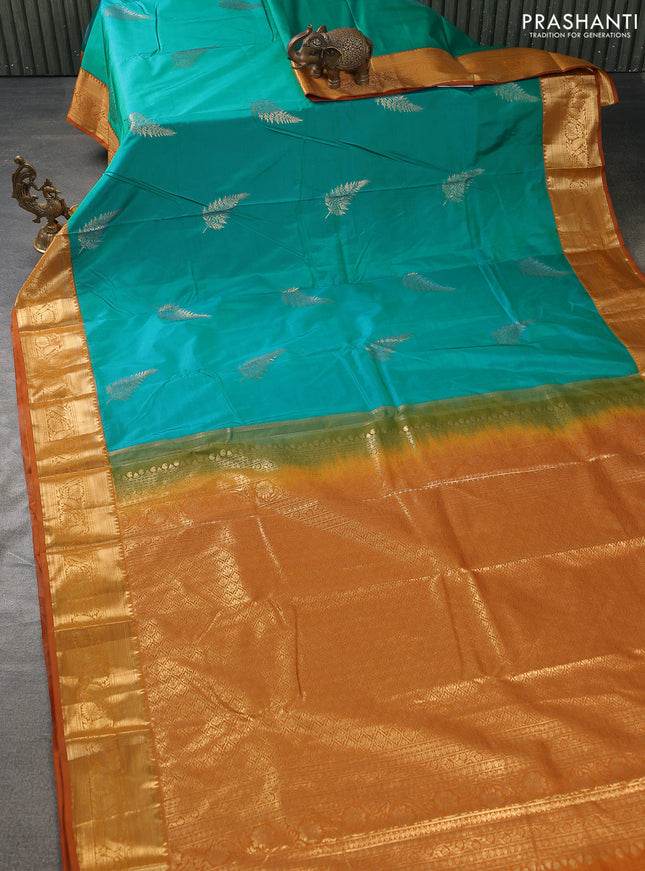 Bangalori silk saree teal blue and dark mustard with zari woven buttas and zari woven border