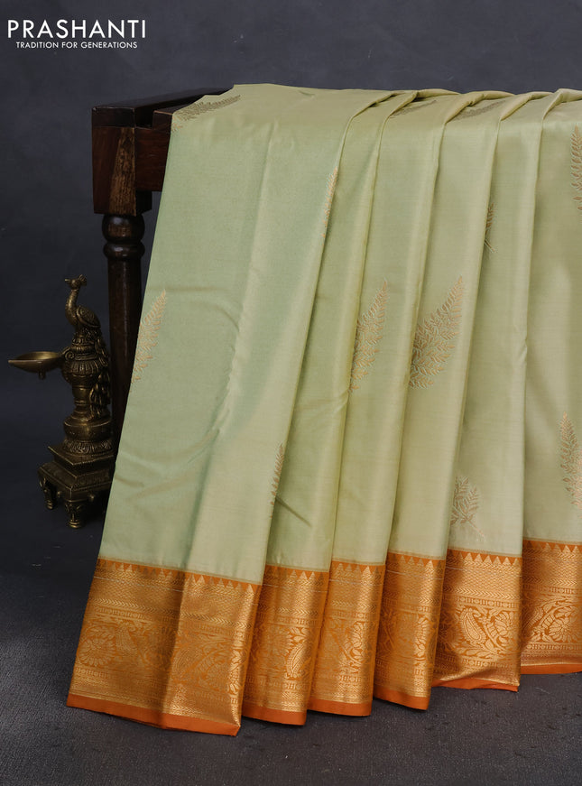 Bangalori silk saree pista green and dark mustard with zari woven buttas and zari woven border