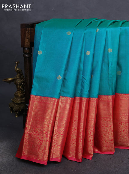 Bangalori silk saree teal blue and pink with zari woven buttas and long zari woven border