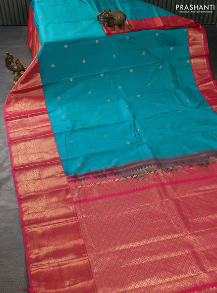 Bangalori silk saree teal blue and pink with zari woven buttas and long zari woven border