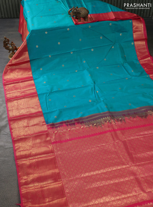 Bangalori silk saree teal blue and pink with zari woven buttas and long zari woven border