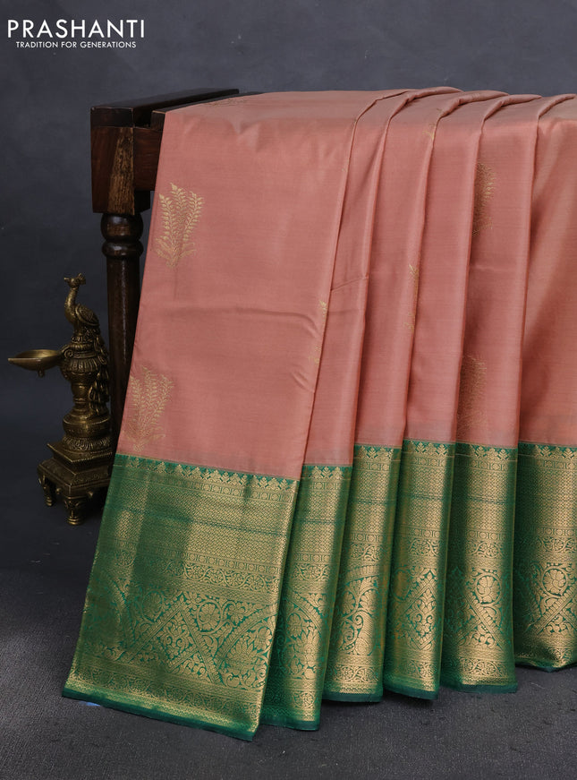 Bangalori silk saree pastel brown and green with zari woven buttas and long zari woven border
