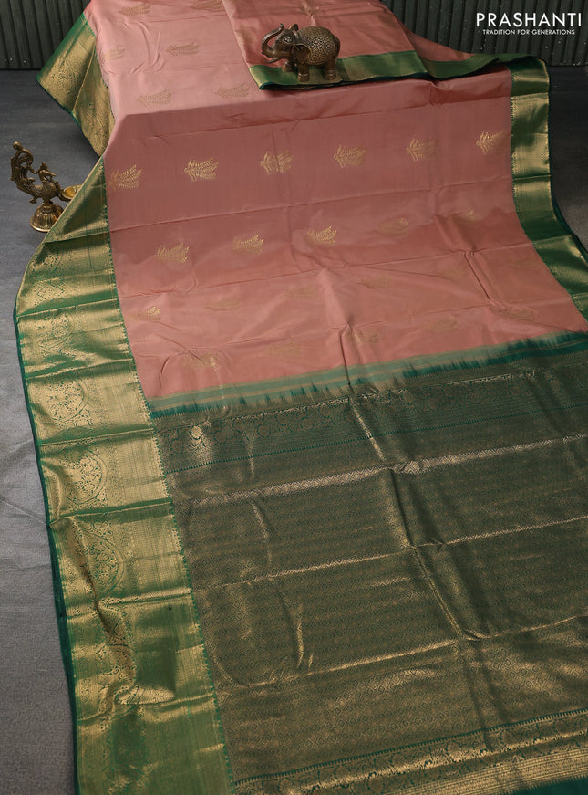 Bangalori silk saree pastel brown and green with zari woven buttas and long zari woven border