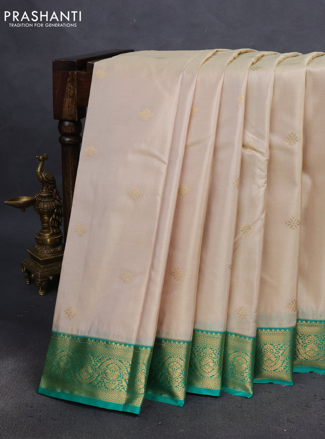 Bangalori silk saree beige and green with zari woven buttas and zari woven border