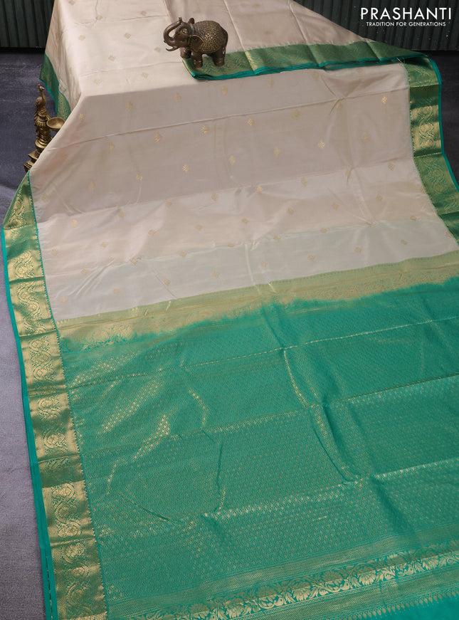 Bangalori silk saree beige and green with zari woven buttas and zari woven border