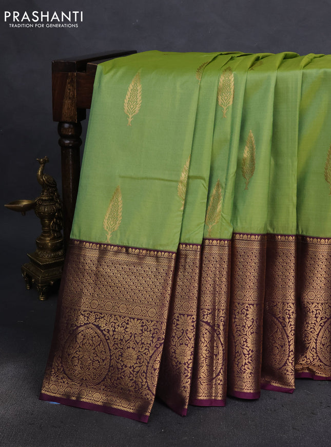 Bangalori silk saree green and deep purple with zari woven buttas and long zari woven border