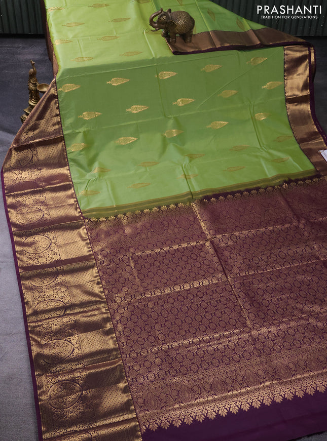 Bangalori silk saree green and deep purple with zari woven buttas and long zari woven border