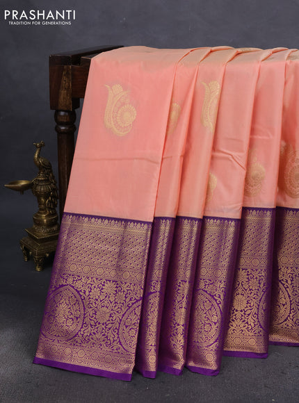 Bangalori silk saree peach shade and violet with zari woven buttas and long zari woven border
