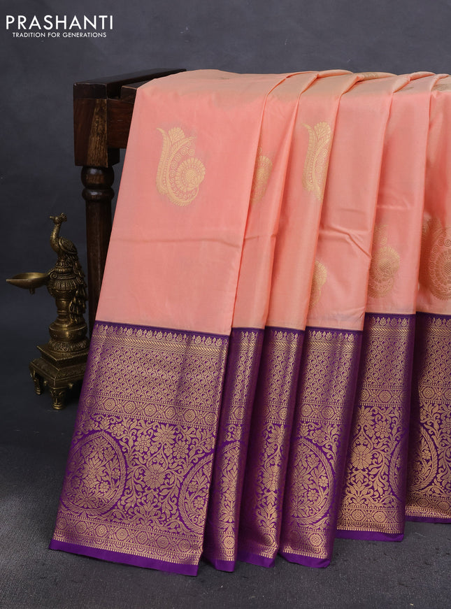 Bangalori silk saree peach shade and violet with zari woven buttas and long zari woven border