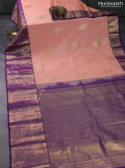 Bangalori silk saree peach shade and violet with zari woven buttas and long zari woven border