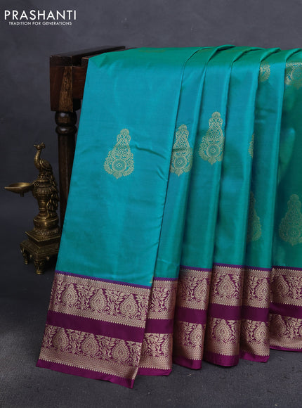 Bangalori silk saree teal blue and deep purple with zari woven buttas and zari woven border