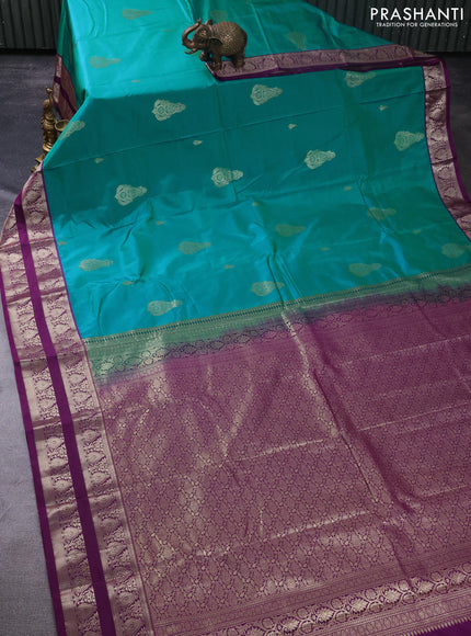 Bangalori silk saree teal blue and deep purple with zari woven buttas and zari woven border