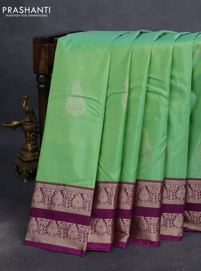 Bangalori silk saree pastel green and deep purple with zari woven buttas and zari woven border