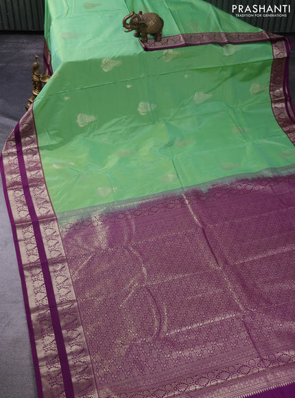 Bangalori silk saree pastel green and deep purple with zari woven buttas and zari woven border