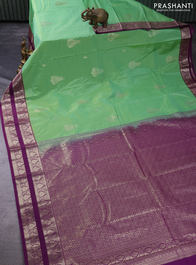Bangalori silk saree pastel green and deep purple with zari woven buttas and zari woven border