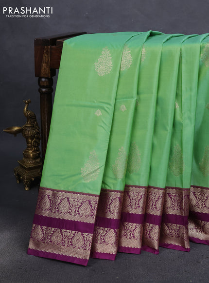 Bangalori silk saree pastel green and deep purple with zari woven buttas and zari woven border