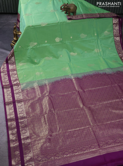 Bangalori silk saree pastel green and deep purple with zari woven buttas and zari woven border