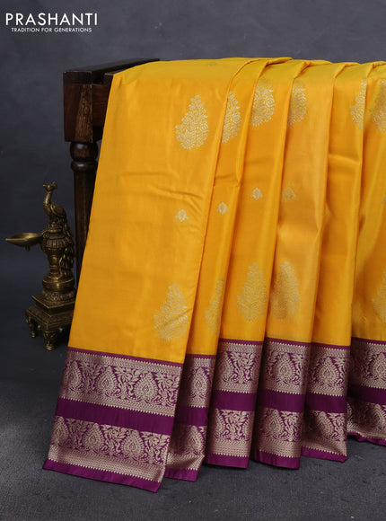 Bangalori silk saree mustard yellow and deep purple with zari woven buttas and zari woven border