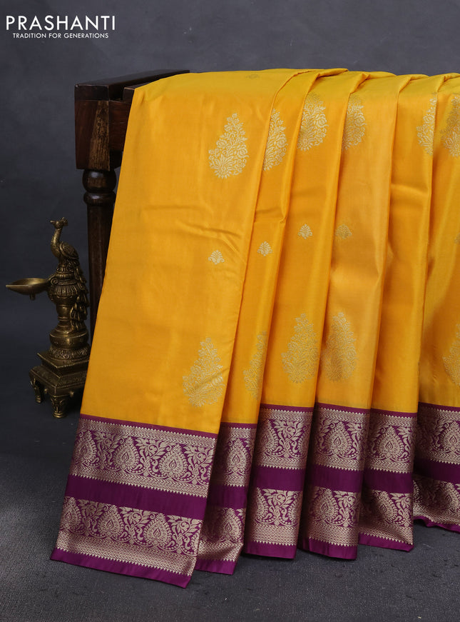 Bangalori silk saree mustard yellow and deep purple with zari woven buttas and zari woven border