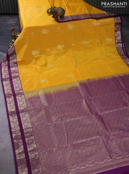 Bangalori silk saree mustard yellow and deep purple with zari woven buttas and zari woven border