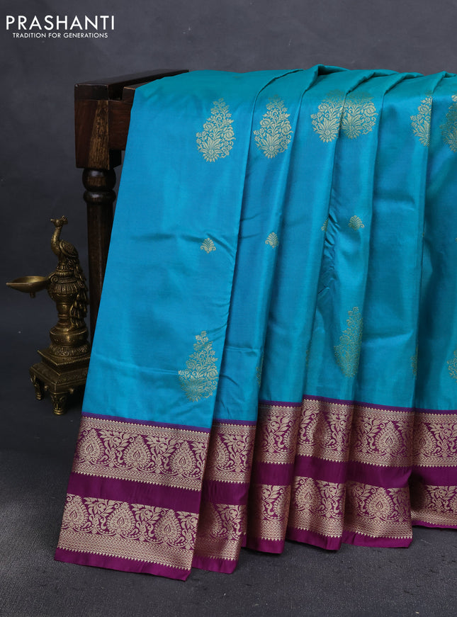 Bangalori silk saree teal blue and deep purple with zari woven buttas and zari woven border