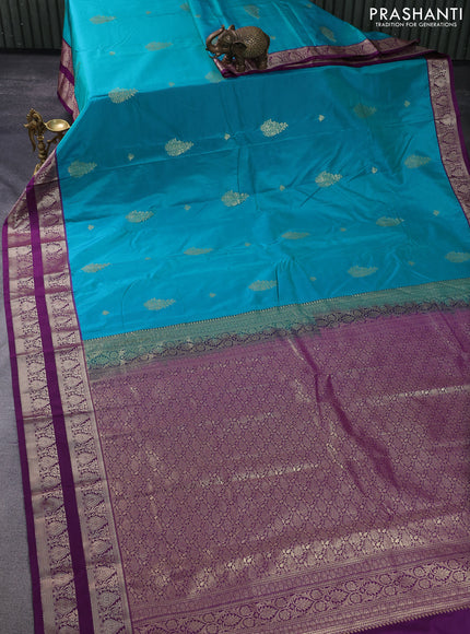 Bangalori silk saree teal blue and deep purple with zari woven buttas and zari woven border