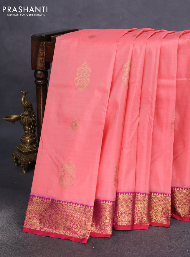 Bangalori silk saree peach pink and reddish pink with zari woven buttas and zari woven border