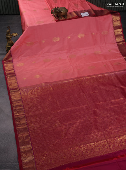 Bangalori silk saree peach pink and reddish pink with zari woven buttas and zari woven border