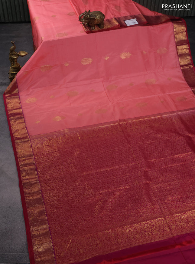 Bangalori silk saree peach pink and reddish pink with zari woven buttas and zari woven border