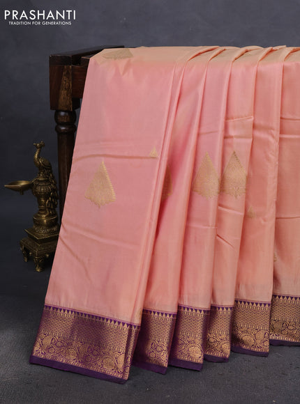 Bangalori silk saree peach shade and deep violet with zari woven buttas and zari woven border