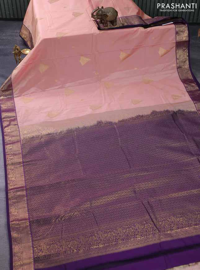 Bangalori silk saree peach shade and deep violet with zari woven buttas and zari woven border