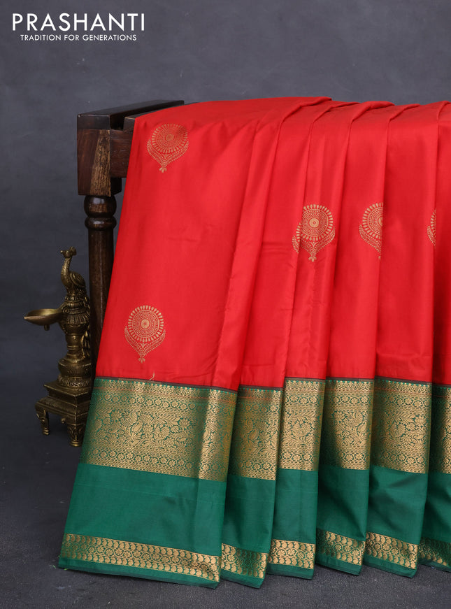 Bangalori silk saree red and green with zari woven buttas and rettapet zari woven border