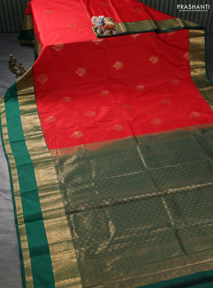 Bangalori silk saree red and green with zari woven buttas and rettapet zari woven border